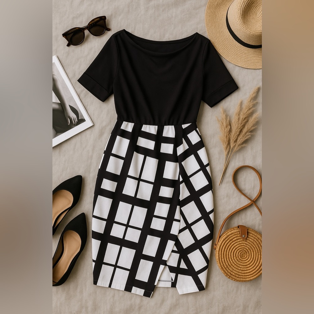 New York & Company Black & White Geometric Midi Dress Size Medium